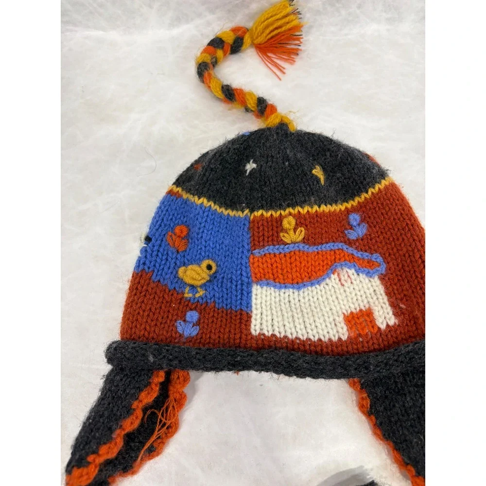 Vintage Hand Knit Kids Chullo Hat‎ Earflaps Tassels Folk Art House Bird Orange